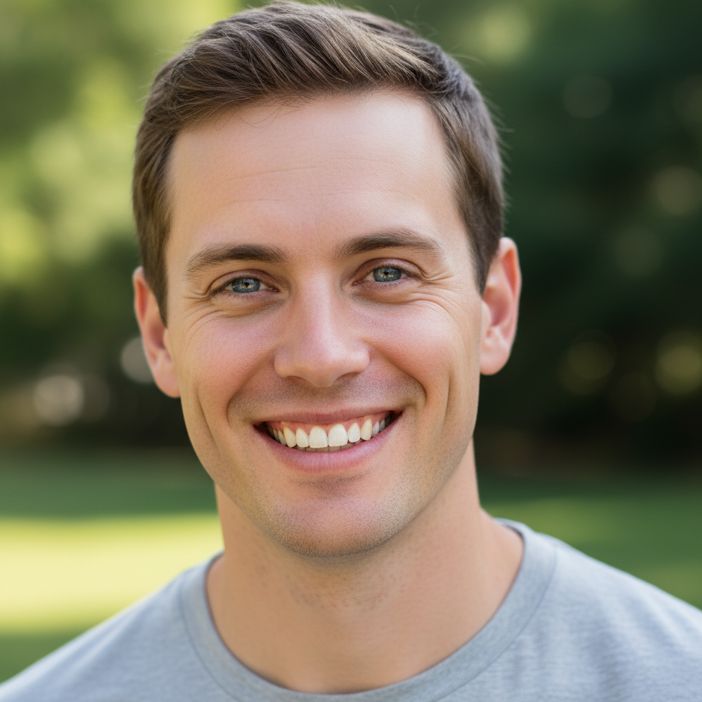 Close up headshot of a smiling man, smooth skin, completely removed facial hair